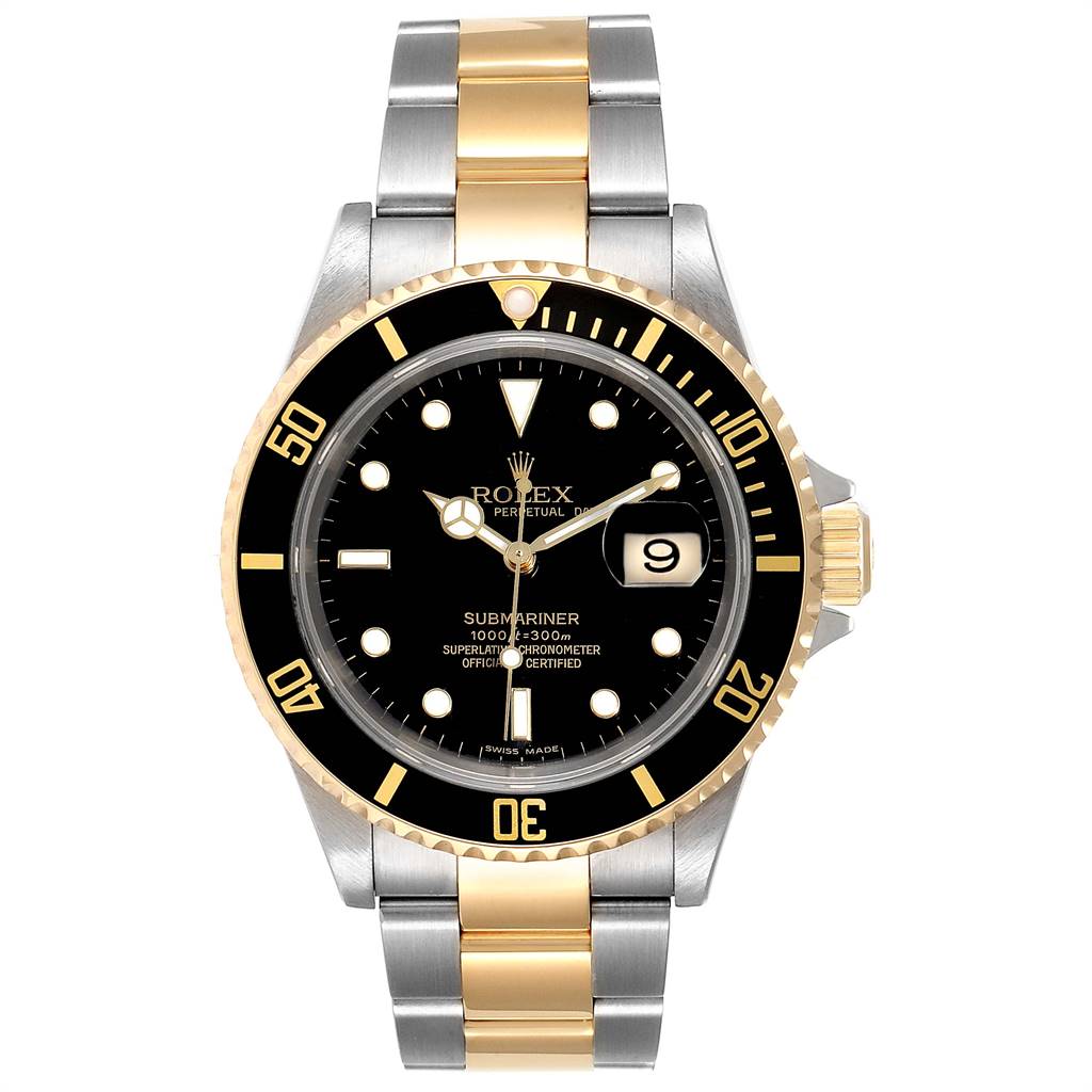 The image shows a front view of a Rolex Submariner 16613 Men
s Steel and Gold (two tone) Black Dial 16613 Men
s Steel and Gold (two tone) Black Dial watch, featuring its bezel, dial, hands, crown, and bracelet.