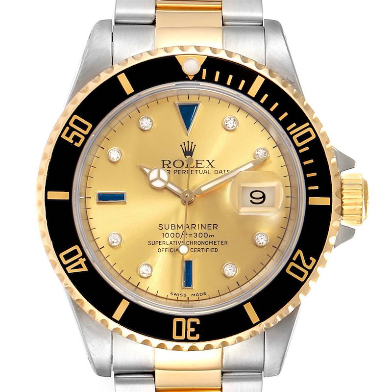 Rolex Submariner Steel Gold Diamond Sapphire Serti Dial Mens Watch 16613 SwissWatchExpo