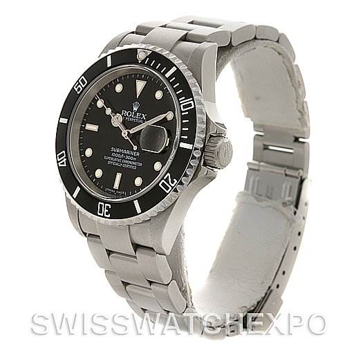 The image shows a Rolex Submariner 16610 Men's Stainless Steel Black Dial 16610 Men's Stainless Steel Black Dial watch at a three-quarter angle, highlighting its face, bezel, bracelet, and clasp.