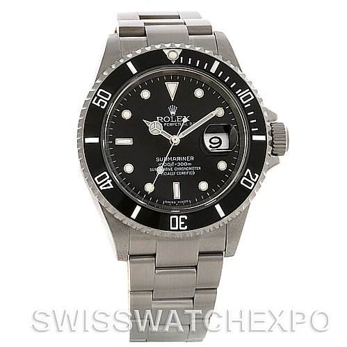The image shows a front view of a Rolex Submariner 16610 Men's Stainless Steel Black Dial 16610 Men's Stainless Steel Black Dial watch, highlighting the dial, bezel, case, crown, and bracelet.