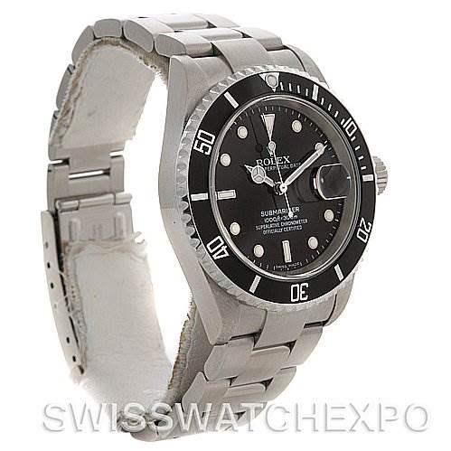 The image shows a Rolex Submariner 16610 Men's Stainless Steel Black Dial 16610 Men's Stainless Steel Black Dial watch at a three-quarter angle, displaying its face, bezel, bracelet, and part of the crown.