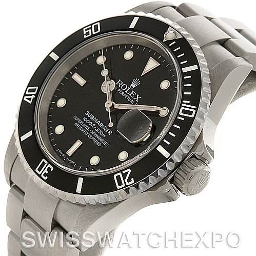 This image shows a Rolex Submariner 16610 Men's Stainless Steel Black Dial 16610 Men's Stainless Steel Black Dial watch at an angled close-up, highlighting the bezel, dial, crown, and bracelet.