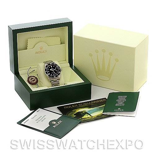 The image shows a Rolex Submariner 16610 Men's Stainless Steel Black Dial 16610 Men's Stainless Steel Black Dial watch inside its open box, alongside documents and accessories typical for a new purchase.