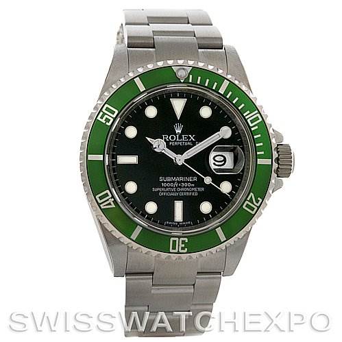 The image shows a frontal view of a Rolex Submariner 16610LV Men's Stainless Steel Black Dial 16610LV Men's Stainless Steel Black Dial watch with a green bezel, black dial, and stainless steel bracelet.