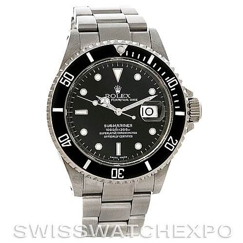 This image shows a frontal view of the Rolex Submariner 16610 Men's Stainless Steel Black Dial 16610 Men's Stainless Steel Black Dial watch, highlighting its dial, bezel, and bracelet.