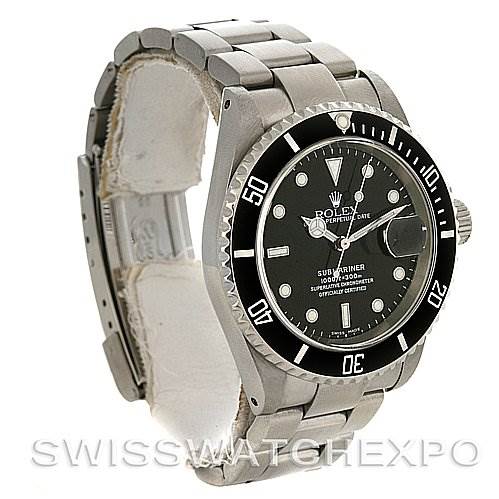 This image shows a side and front angle view of a Rolex Submariner 16610 Men's Stainless Steel Black Dial 16610 Men's Stainless Steel Black Dial watch, highlighting the bracelet, bezel, and dial.
