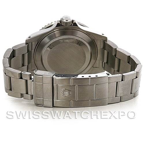 This image shows the back view of a Rolex Submariner 16610 Men's Stainless Steel Black Dial 16610 Men's Stainless Steel Black Dial watch, highlighting the stainless steel bracelet and closed clasp.