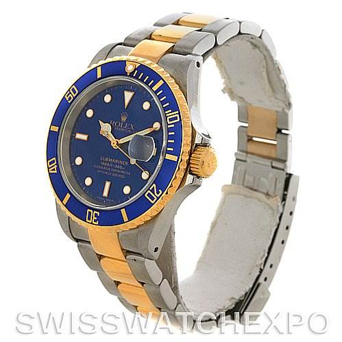 This image shows a side and front angle of a Rolex Submariner 16613 Men's Yellow Gold Blue Dial 16613 Men's Yellow Gold Blue Dial watch, highlighting its blue and gold bezel, dial, and two-tone bracelet.