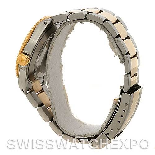 The image shows a side view of the Rolex Submariner 16613 Men's Yellow Gold Blue Dial 16613 Men's Yellow Gold Blue Dial, highlighting its two-tone bracelet and crown.