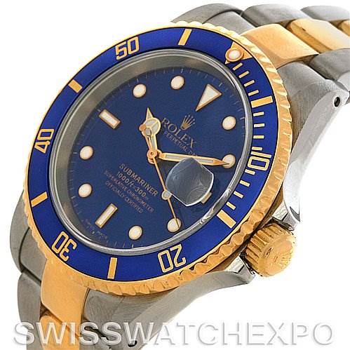 This image showcases the Rolex Submariner 16613 Men's Yellow Gold Blue Dial 16613 Men's Yellow Gold Blue Dial model from a side-angle, highlighting the watch face, bezel, crown, and bracelet.
