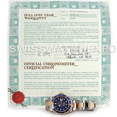 The image shows a Rolex Submariner 16613 Men's Yellow Gold Blue Dial 16613 Men's Yellow Gold Blue Dial watch displayed flat, with a one-year warranty and official chronometer certification behind it.