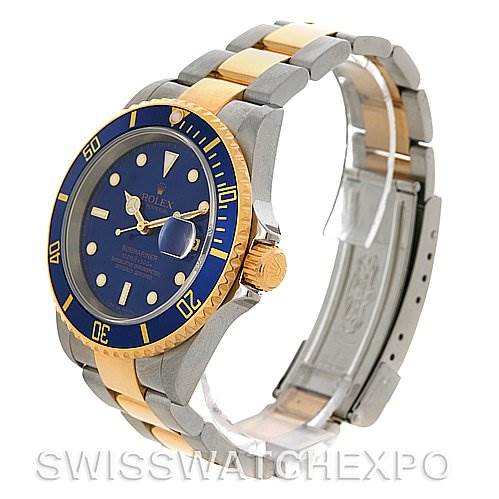 The image shows a Rolex Submariner 16613 Men's Yellow Gold Blue Dial 16613 Men's Yellow Gold Blue Dial watch at a 3/4 angle, highlighting the face, bezel, and bracelet.