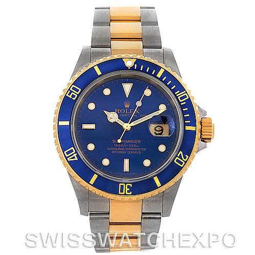 The image shows a front view of the Rolex Submariner 16613 Men's Yellow Gold Blue Dial 16613 Men's Yellow Gold Blue Dial watch, highlighting its blue and gold bezel, blue dial, and two-tone bracelet.