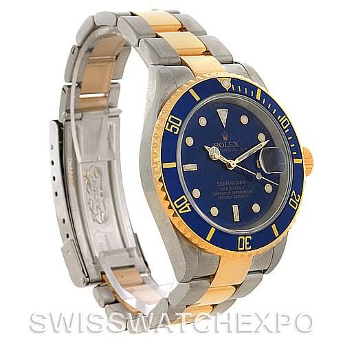 The image shows a Rolex Submariner 16613 Men's Yellow Gold Blue Dial 16613 Men's Yellow Gold Blue Dial watch at a slight side angle, highlighting the face, bezel, bracelet, and crown.