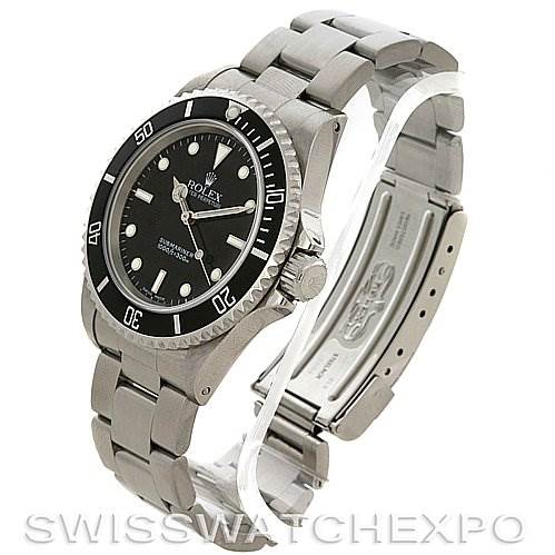 This image shows a Rolex Submariner 14060M Men
s Stainless Steel Black Dial 14060M Men
s Stainless Steel Black Dial watch at a slight angle, highlighting the face, bezel, bracelet, and clasp.
