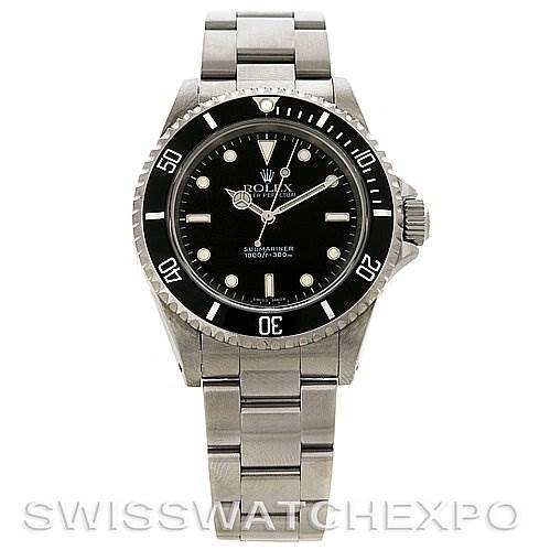 This image shows the front view of a Rolex Submariner 14060M Men
s Stainless Steel Black Dial 14060M Men
s Stainless Steel Black Dial watch, displaying the dial, bezel, and bracelet.