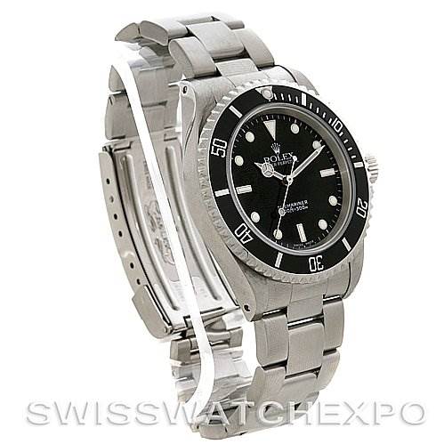 The image shows a Rolex Submariner 14060M Men
s Stainless Steel Black Dial 14060M Men
s Stainless Steel Black Dial watch at an angled view, displaying its dial, bezel, bracelet, and clasp.