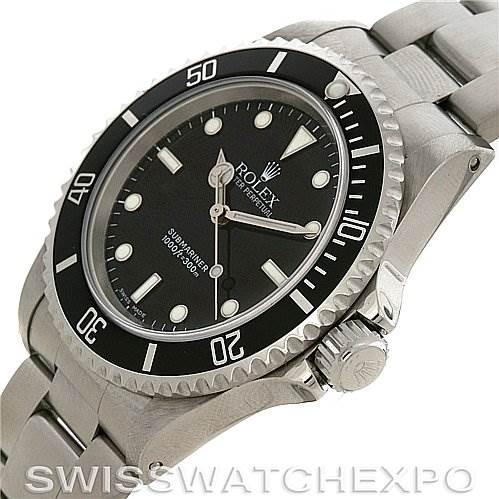 The image shows a Rolex Submariner 14060M Men
s Stainless Steel Black Dial 14060M Men
s Stainless Steel Black Dial watch from an angled side view, highlighting the watch face, bezel, crown, and part of the bracelet.