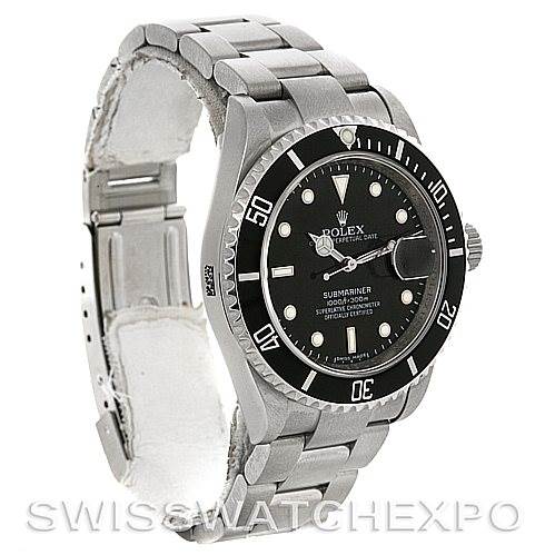 This image shows a Rolex Submariner watch, displayed at a three-quarter angle, featuring its dial, bezel, and bracelet.