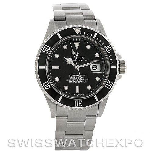 The image shows a front view of a Rolex Submariner watch, showcasing its dial, bezel, and bracelet.