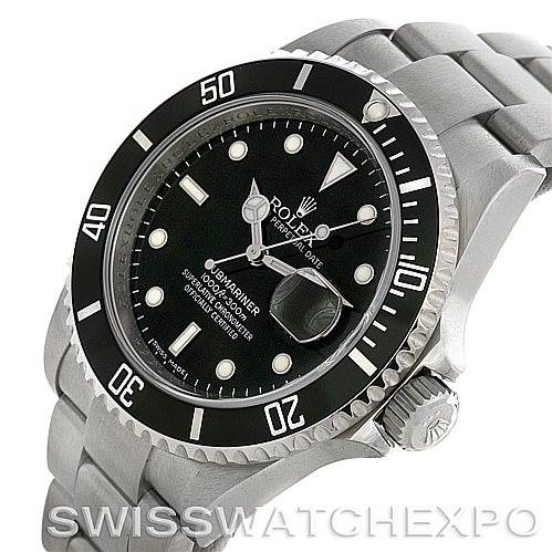 This image shows a Rolex Submariner watch at an angle highlighting the black dial, bezel, and metal bracelet, not a Cartier Ballon Bleu 16610 Women's Stainless Steel Black Dial 16610 Women's Stainless Steel Black Dial model.