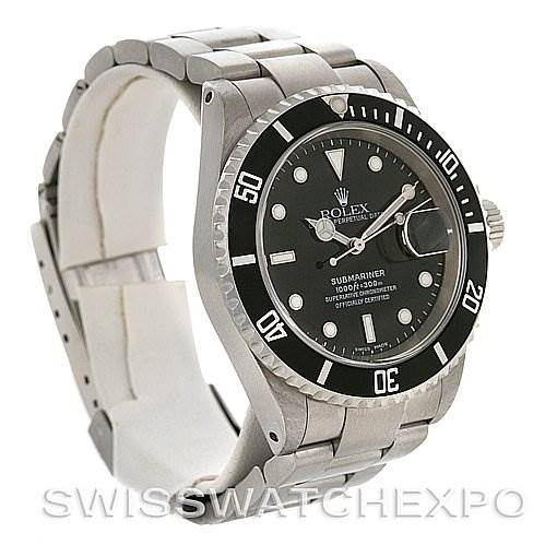 The image shows a Rolex Submariner 16610 Men's Stainless Steel Black Dial 16610 Men's Stainless Steel Black Dial watch from a front angle, highlighting the dial, bezel, crown, and bracelet.