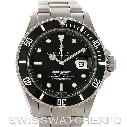 This is a front view of the Rolex Submariner 16610 Men's Stainless Steel Black Dial 16610 Men's Stainless Steel Black Dial watch, showing the face, bezel, crown, and part of the bracelet.