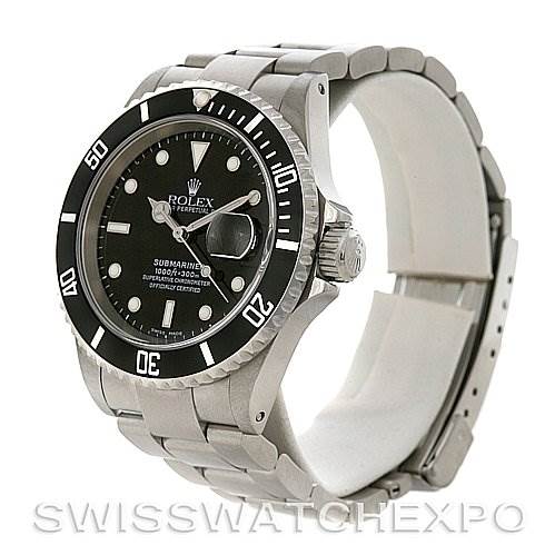The image shows a side and front view of a Rolex Submariner 16610 Men's Stainless Steel Black Dial 16610 Men's Stainless Steel Black Dial watch, highlighting its bezel, dial, bracelet, and crown.