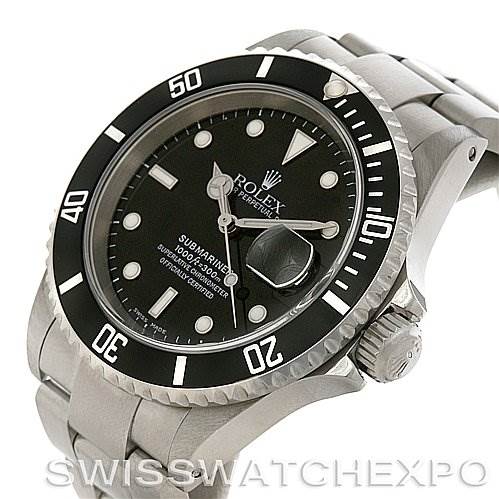 This image shows a Rolex Submariner 16610 Men's Stainless Steel Black Dial 16610 Men's Stainless Steel Black Dial watch from an oblique angle focusing on the dial, bezel, crown, and part of the bracelet.