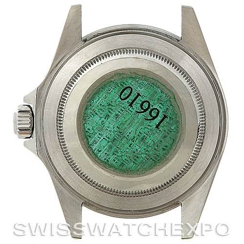 The image shows the back case and crown of a Rolex Submariner 16610 Men's Stainless Steel Black Dial 16610 Men's Stainless Steel Black Dial watch, displaying the model number.