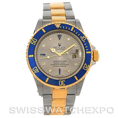 This image shows a front view of a Rolex Submariner 16613 Men's Yellow Gold Grey Dial 16613 Men's Yellow Gold Grey Dial watch, highlighting its blue bezel, grey dial, and two-tone bracelet.