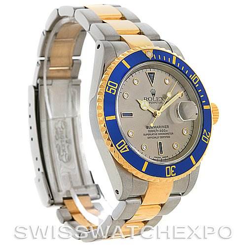 The image shows a Rolex Submariner 16613 Men's Yellow Gold Grey Dial 16613 Men's Yellow Gold Grey Dial watch, angled to display the face, bezel, and partially open bracelet.