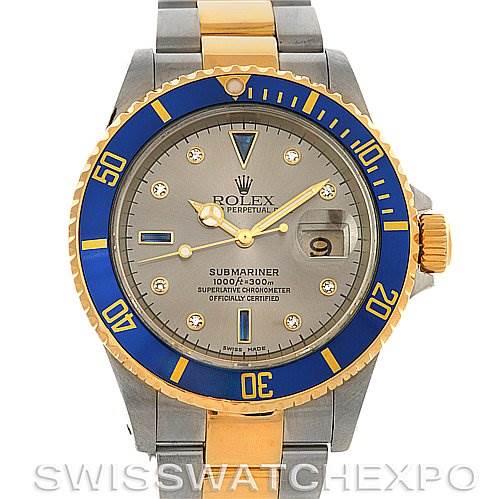 The image shows a front view of a Rolex Submariner 16613 Men's Yellow Gold Grey Dial 16613 Men's Yellow Gold Grey Dial watch highlighting the face, bezel, and bracelet.