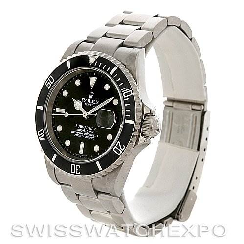 The Rolex Submariner 16610 Men
s Stainless Steel Black Dial 16610 Men
s Stainless Steel Black Dial watch is shown at a slight angle, displaying the bezel, dial, crown, and bracelet.
