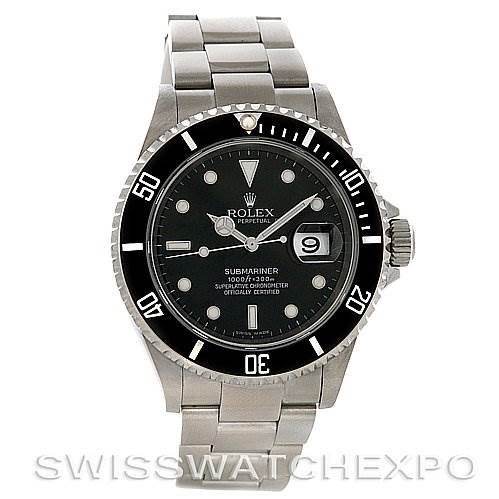 The image shows a frontal view of the Rolex Submariner 16610 Men
s Stainless Steel Black Dial 16610 Men
s Stainless Steel Black Dial watch, including its dial, bezel, crown, and bracelet.