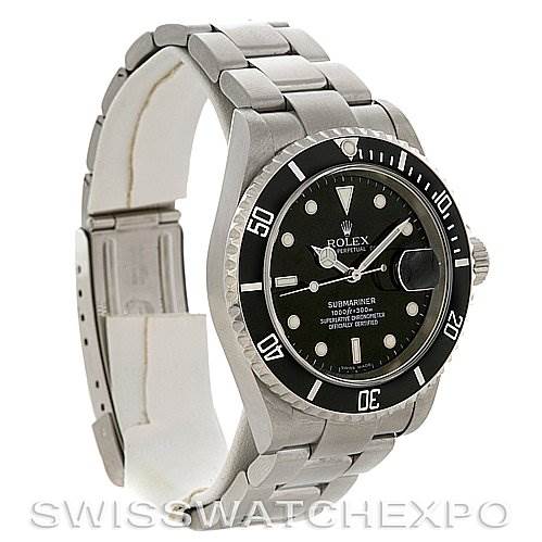This image shows a Rolex Submariner 16610 Men
s Stainless Steel Black Dial 16610 Men
s Stainless Steel Black Dial watch at a three-quarter angle, highlighting the face, bezel, dial, and bracelet.