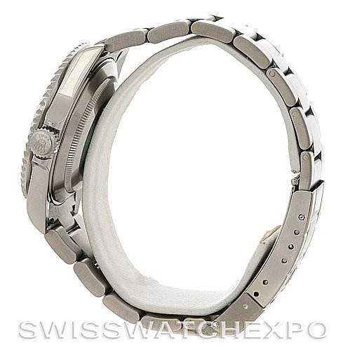 Side profile view of a Rolex Submariner 16610 Men
s Stainless Steel Black Dial 16610 Men
s Stainless Steel Black Dial showing the case, crown, bezel, and metal bracelet.