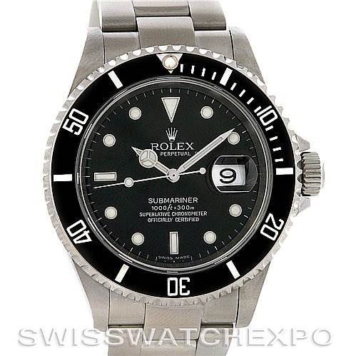 The image shows a front view of a Rolex Submariner 16610 Men
s Stainless Steel Black Dial 16610 Men
s Stainless Steel Black Dial watch, highlighting its dial, bezel, and stainless steel bracelet.