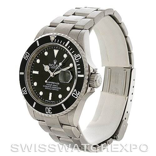 This image shows a Rolex Submariner 16610 Men
s Stainless Steel Black Dial 16610 Men
s Stainless Steel Black Dial watch at a three-quarter angle, highlighting its dial, bezel, crown, and bracelet.