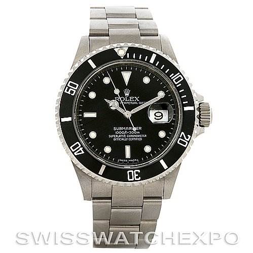 The image shows a front view of a Rolex Submariner 16610 Men
s Stainless Steel Black Dial 16610 Men
s Stainless Steel Black Dial watch, displaying its dial, bezel, bracelet, and crown.