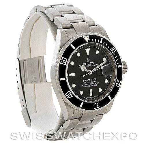 The image shows a three-quarter view of a Rolex Submariner 16610 Men
s Stainless Steel Black Dial 16610 Men
s Stainless Steel Black Dial watch, displaying its face, bezel, crown, and bracelet.