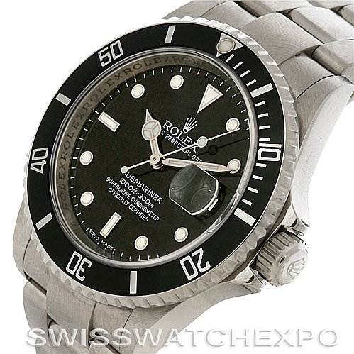This image shows a Rolex Submariner 16610 Men
s Stainless Steel Black Dial 16610 Men
s Stainless Steel Black Dial watch at an angled view highlighting its dial, bezel, and bracelet.