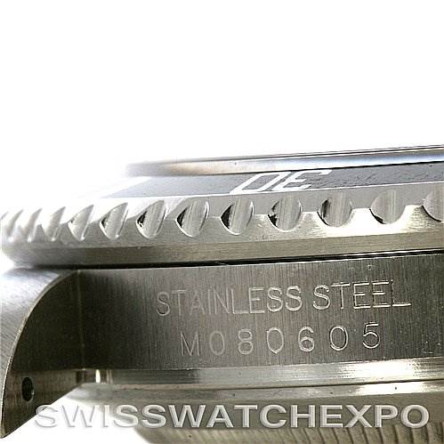 The image shows the side of a Rolex Submariner 16610 Men
s Stainless Steel Black Dial 16610 Men
s Stainless Steel Black Dial watch, focusing on the stainless steel case, bezel, and model number engraving.