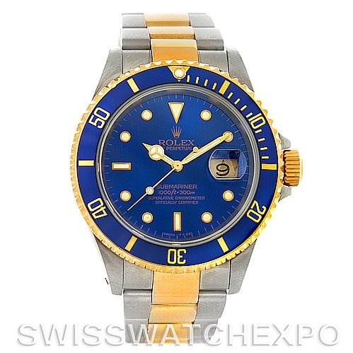 This is a front view of a Rolex Submariner 16613 Men's Steel and Gold (two tone) Blue Dial 16613 Men's Steel and Gold (two tone) Blue Dial, showcasing its blue dial, gold accents, and stainless steel and gold bracelet.