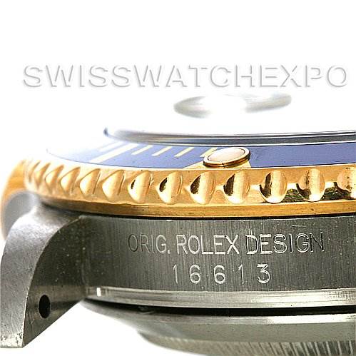 The image shows a close-up side view of a Rolex Submariner 16613 Men's Steel and Gold (two tone) Blue Dial 16613 Men's Steel and Gold (two tone) Blue Dial watch, highlighting the bezel, crown, and model number 16613 engravings.