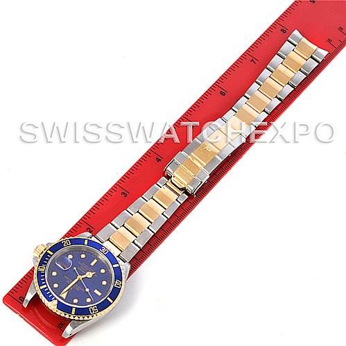 This image shows a top-down view of a Rolex Submariner 16613 Men's Steel and Gold (two tone) Blue Dial 16613 Men's Steel and Gold (two tone) Blue Dial watch, highlighting the watch face, bezel, and bracelet measurement.