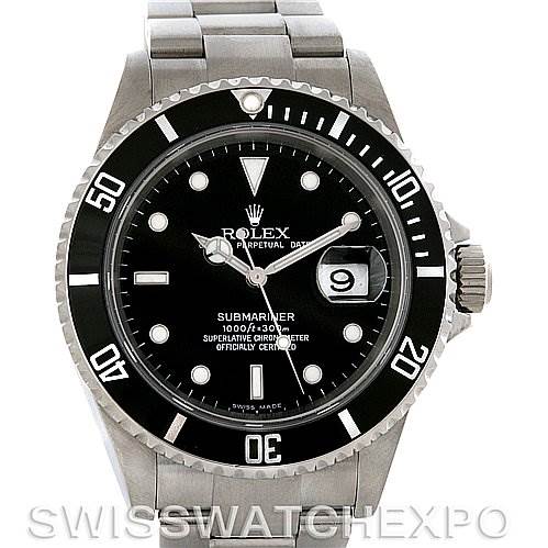 The image shows a front view of a Rolex Submariner 16610 Men
s Stainless Steel Black Dial 16610 Men
s Stainless Steel Black Dial, displaying its face, bezel, bracelet, and crown.