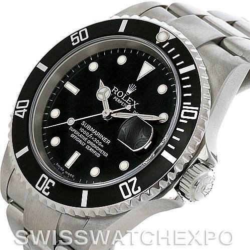 The image shows a Rolex Submariner 16610 Men
s Stainless Steel Black Dial 16610 Men
s Stainless Steel Black Dial watch from an angle emphasizing its bezel, dial, crown, and bracelet.