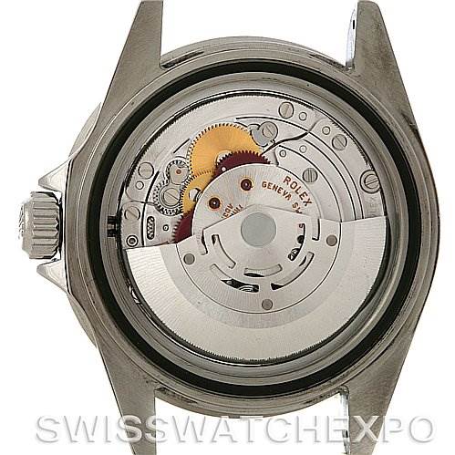 This image shows the back view of a Rolex Submariner 16610 Men
s Stainless Steel Black Dial 16610 Men
s Stainless Steel Black Dial watch, focusing on its internal movement and mechanisms.