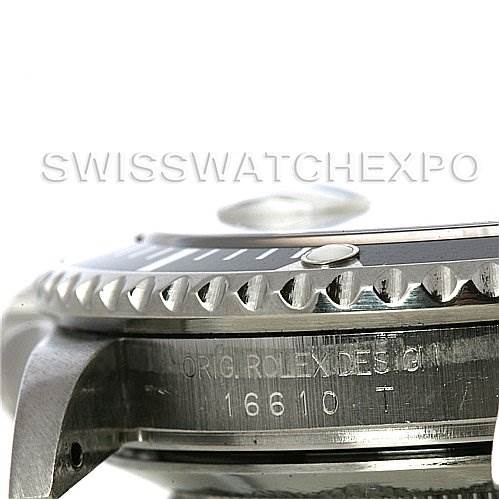 The image shows a close-up of the side view of a Rolex Submariner 16610 Men
s Stainless Steel Black Dial 16610 Men
s Stainless Steel Black Dial watch, specifically highlighting the bezel and engraved model number 16610.
